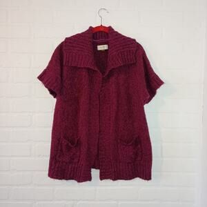 Short Sleeve Cable Knit Cardigan Women Sz M Burgundy Sonoma Grandmacore Cozy